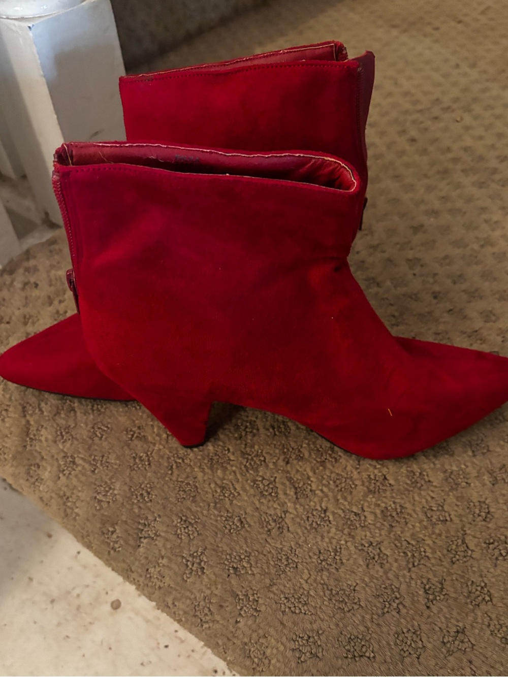 Red suede kitten heel ankle boots